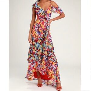Lulu’s NWT | Radiant Ruby Red Floral Print Chiffon Maxi Dress | Size Large